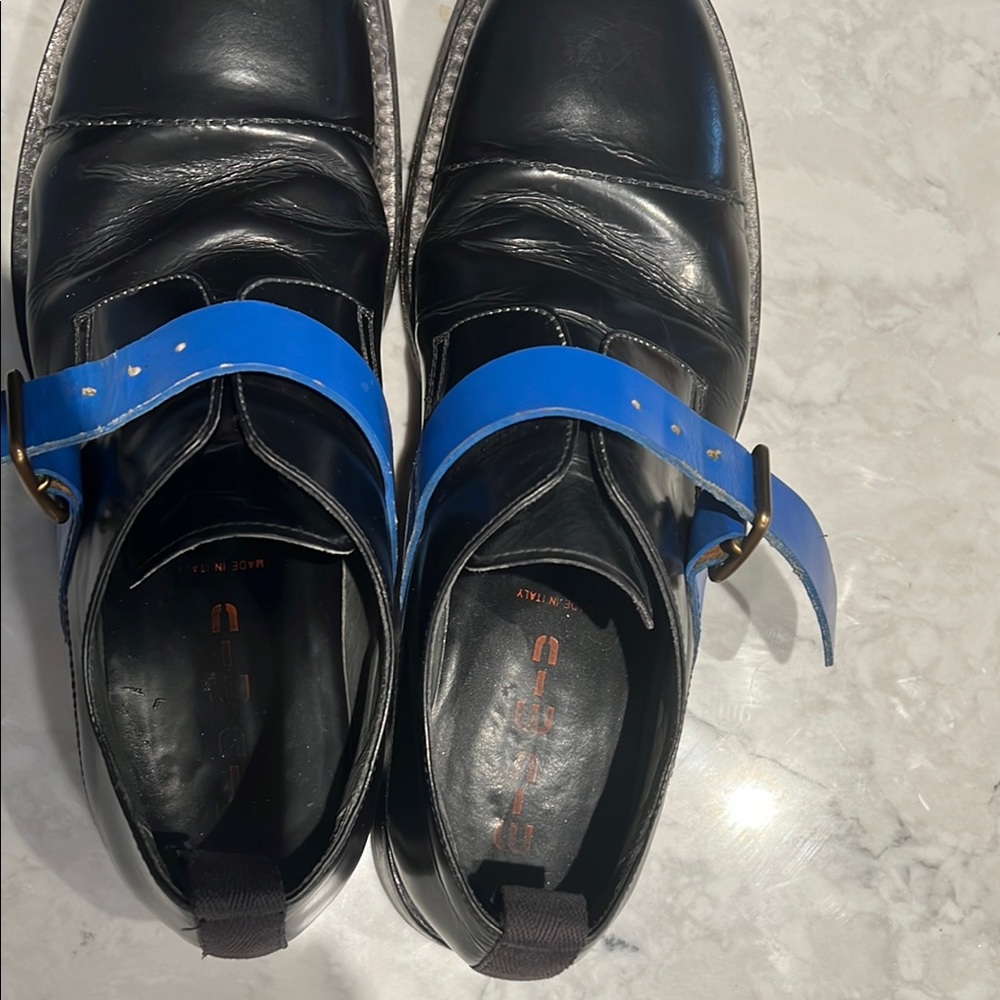 Black and Blue Leather Oxfords with Striking Strap